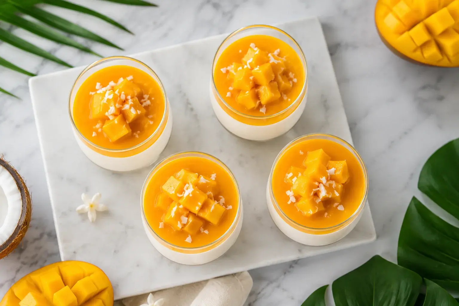 Vue de dessus d'une panna cotta coco-mangue protéinée avec dés de mangue fraîche