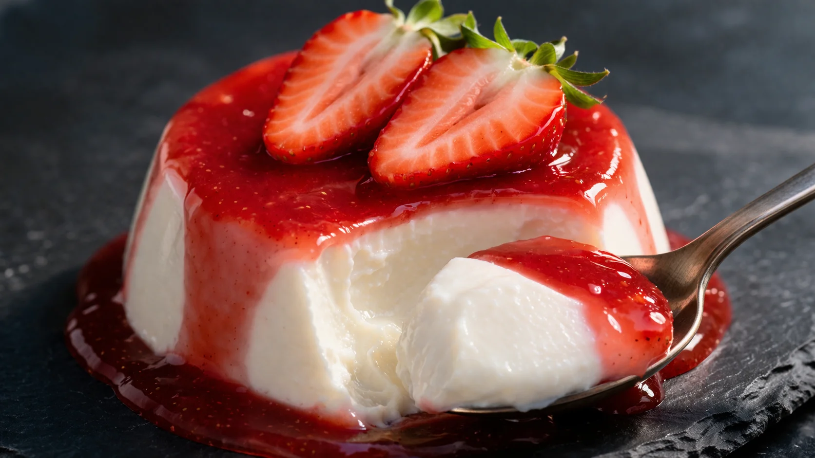 Gros plan sur une panna cotta protéinée coupée à la cuillère révélant une texture crémeuse et fondante blanche, coulis de fraises rouge brillant sur le dessus, fond ardoise sombre