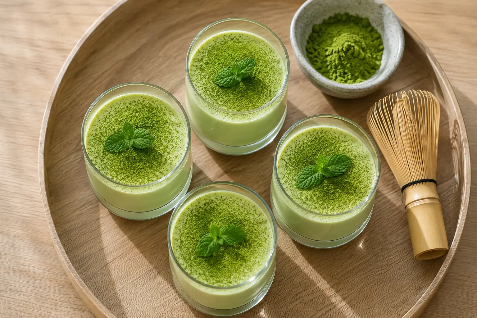 Vue de dessus d'une panna cotta matcha protéinée saupoudrée de poudre de matcha