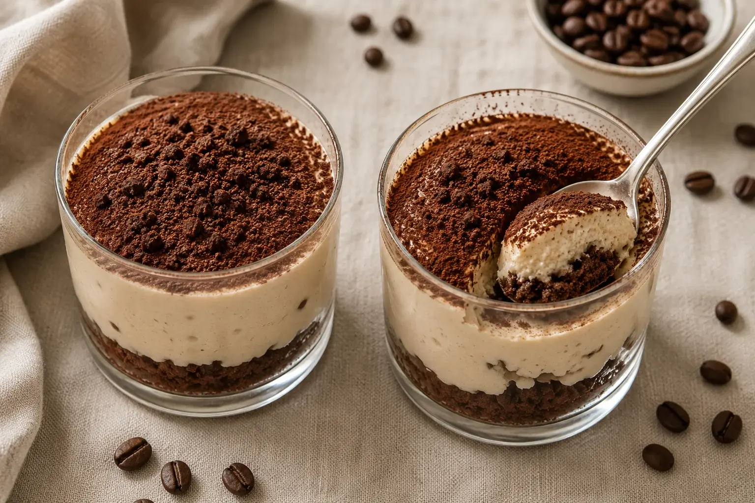 Vue rapprochée du parfait café-cacao montrant la texture crémeuse et les éclats de cacao