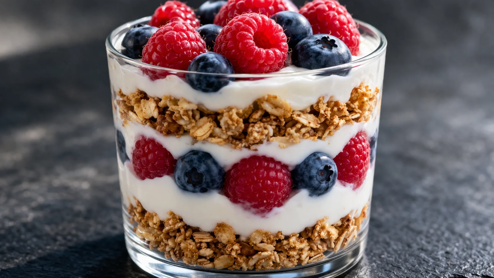 Gros plan sur les couches d'un parfait protéiné fruits rouges, granola croustillant doré, crème yaourt blanche et framboises et myrtilles bien visibles, fond ardoise sombre
