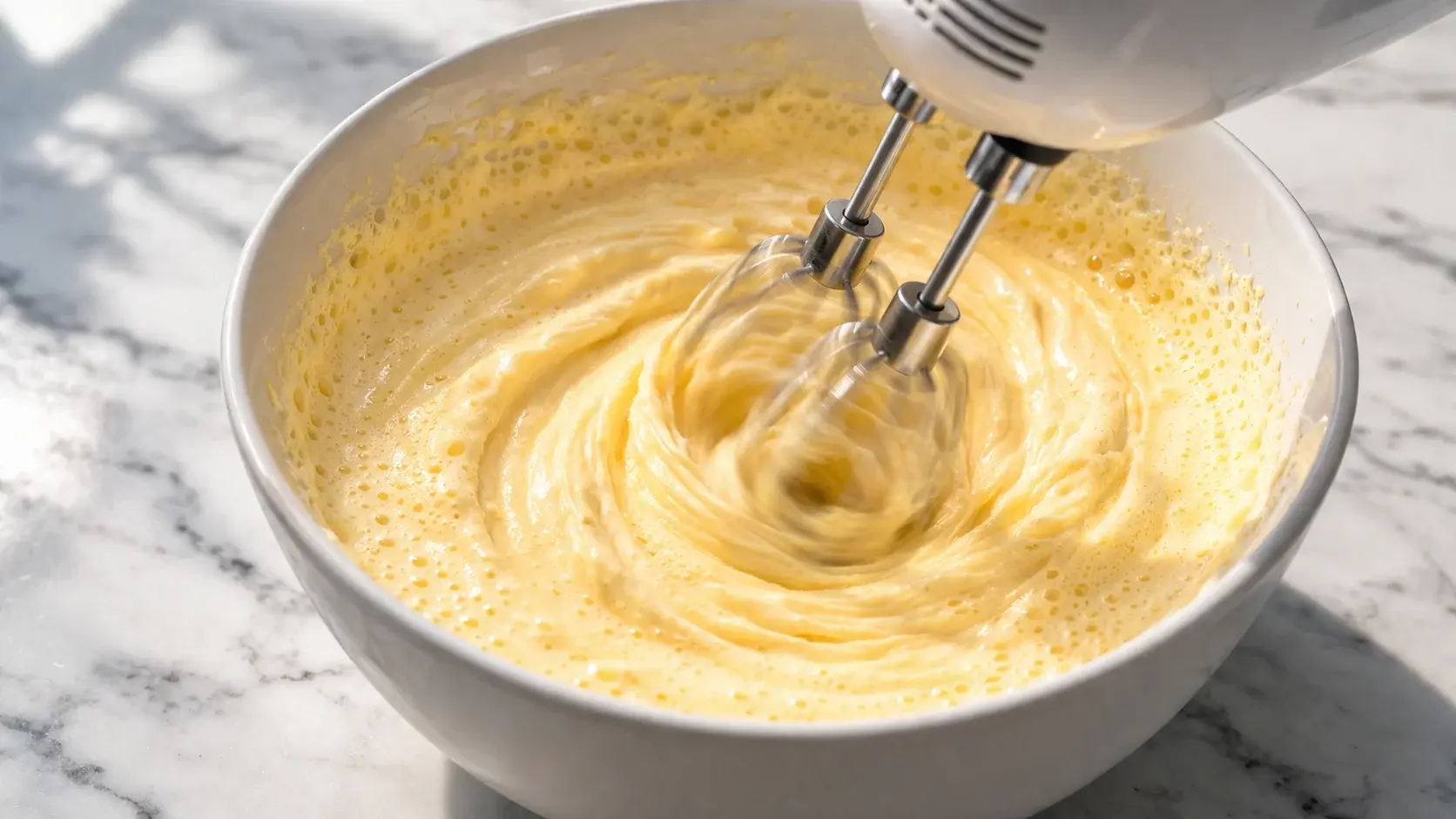 Fouet mélangeant jaunes d'oeufs, mascarpone et yaourt grec dans un saladier blanc pour la crème protéinée du tiramisu forêt noire