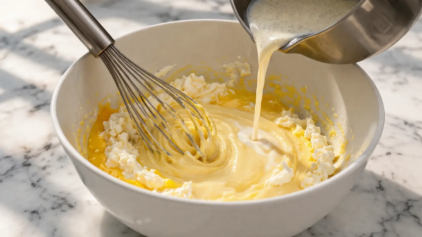 Fouet mélangeant les jaunes d'oeufs, la ricotta et l'érythritol dans un saladier blanc, lait vanillé tiède versé en filet fin, appareil lisse et crémeux en formation, plan de travail en marbre blanc