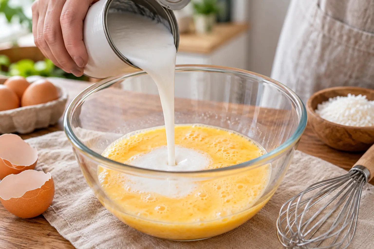 Appareil à flan coco versé dans un saladier, texture lisse et crémeuse