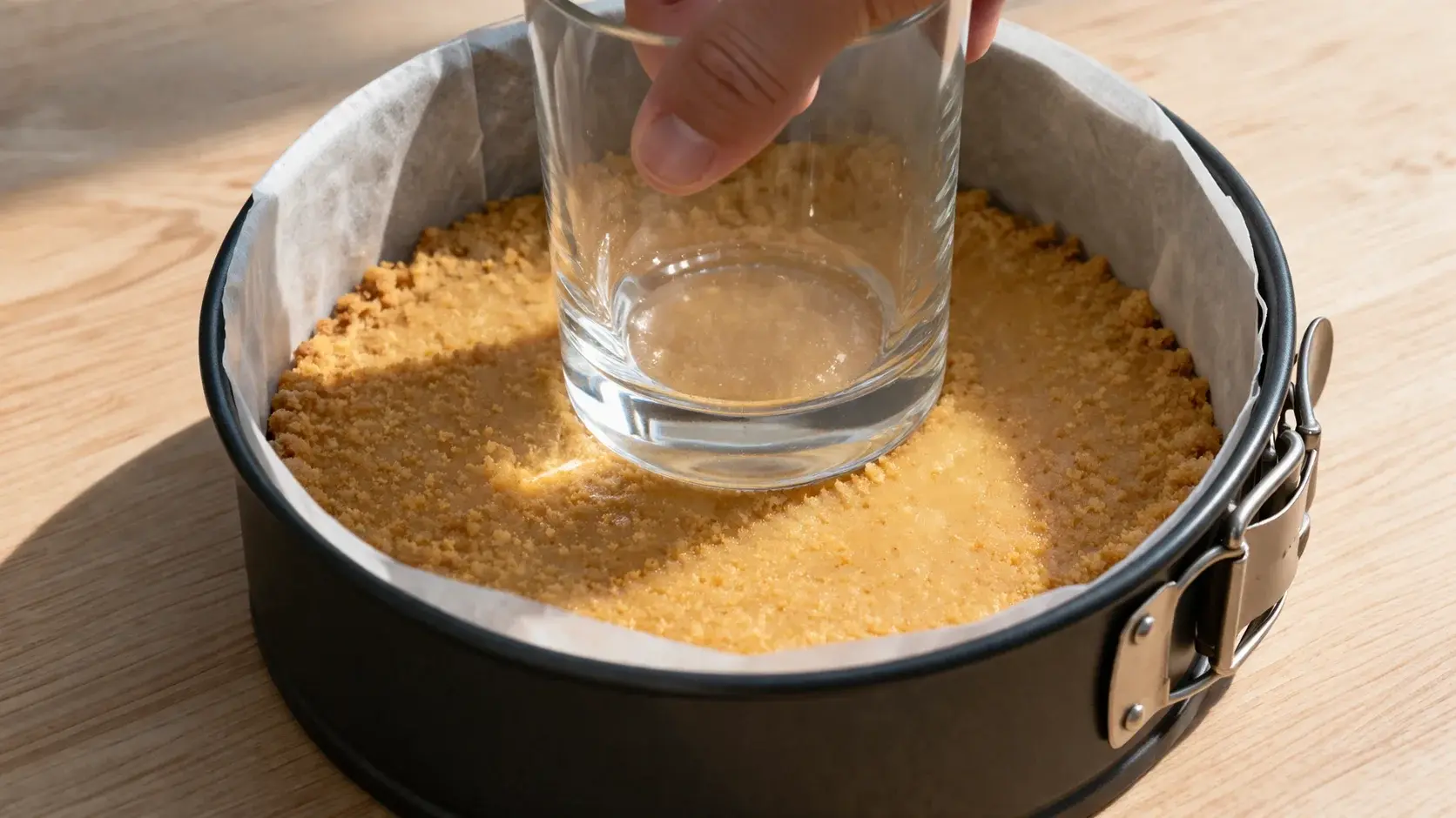 Fond de verre comprimant fermement la base biscuitée émiettée dans un moule à charnière rond tapissé de papier cuisson, base dorée et compacte en formation, plan de travail en bois clair