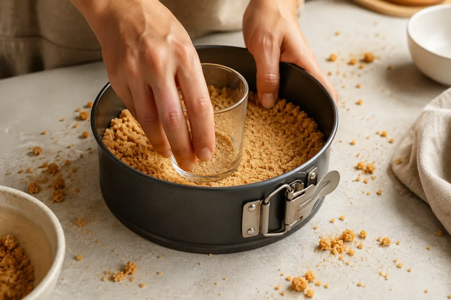 Mains tassant la base biscuitée dans un moule à charnière