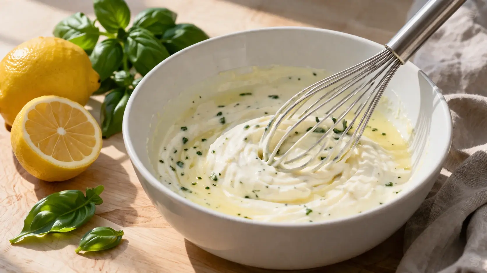 Fouet mélangeant le fromage blanc avec le jus de citron-basilic et l'érythritol dans un saladier blanc, base crémeuse et parfumée en formation, plan de travail en bois clair