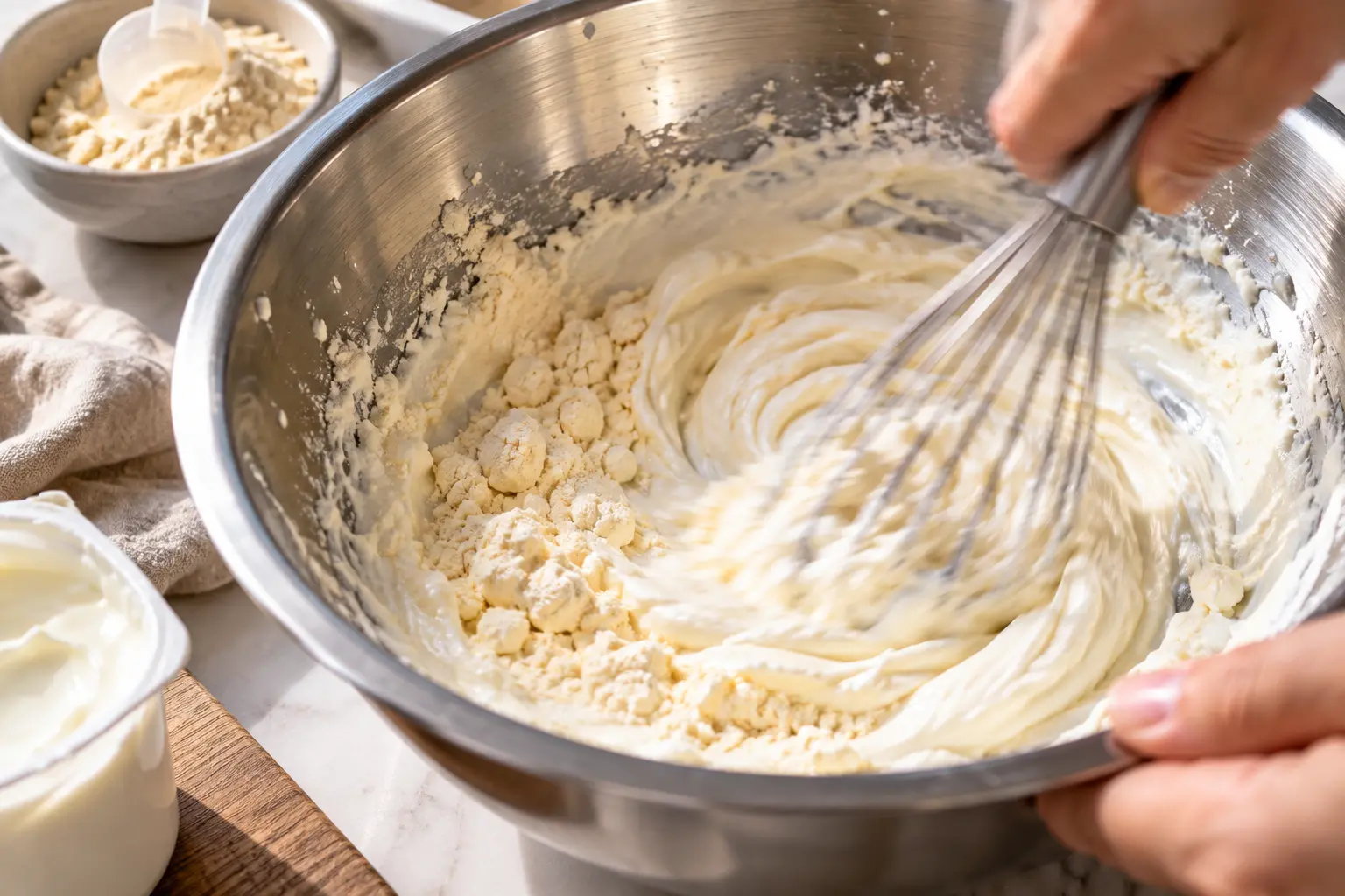 Mélange du fromage blanc et de la whey vanille au fouet dans un saladier