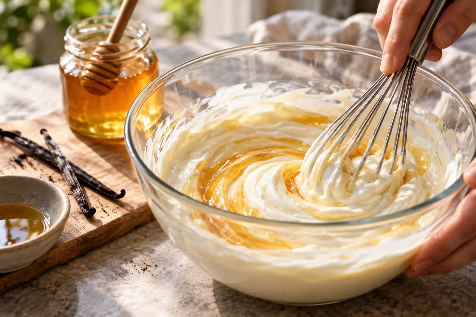 Fouet mélangeant le fromage blanc avec le miel et la vanille dans un saladier