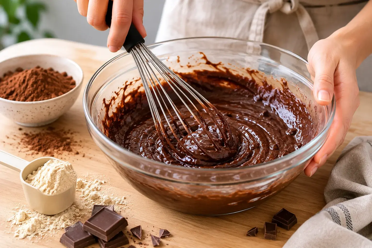 Mélange de la pâte à brownie protéiné dans un saladier avec un fouet