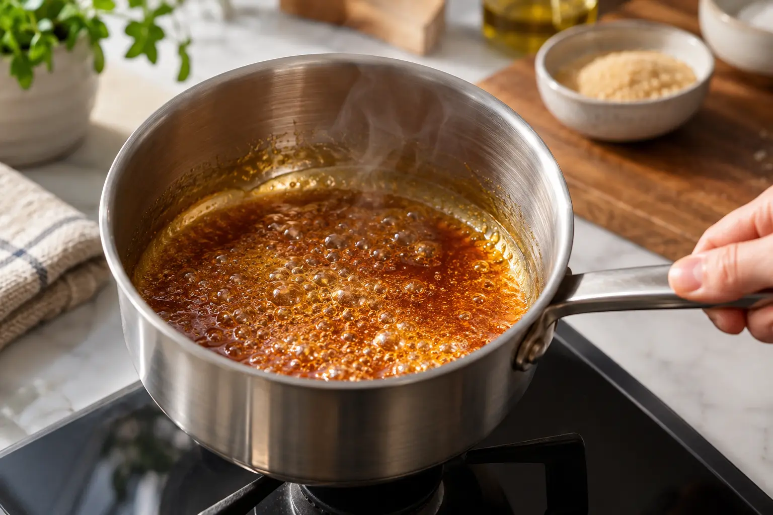 Caramel ambré en train de cuire dans une casserole à fond épais