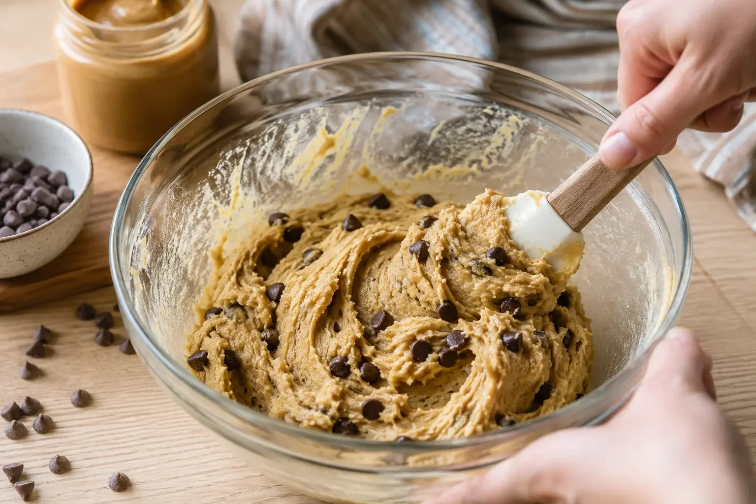 Pâte à cookie protéiné avec pépites de chocolat noir dans un bol