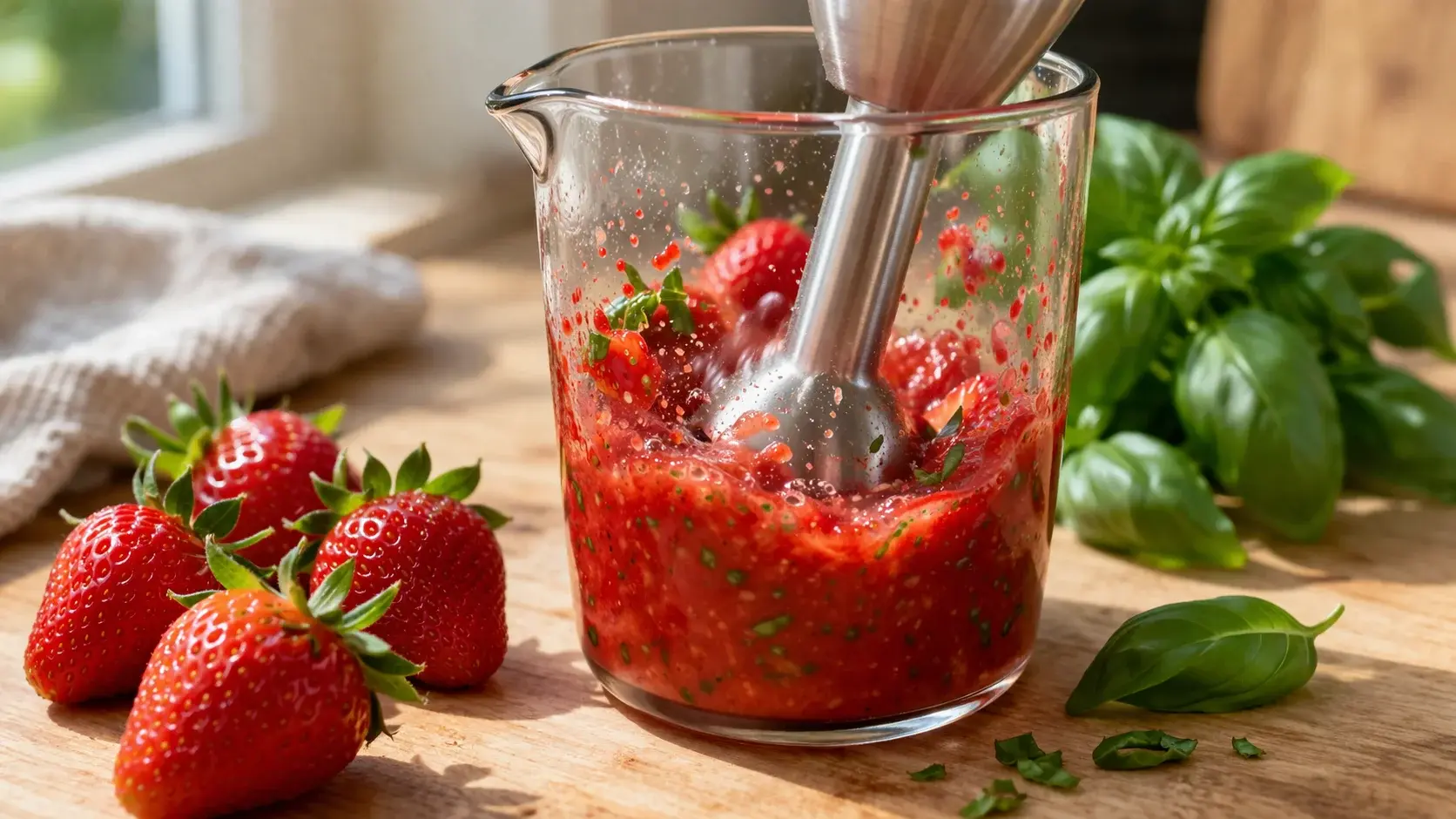 Mixeur plongeant en action mixant des fraises fraîches rouges avec des feuilles de basilic vert dans un verre doseur, coulis rouge vif avec points verts de basilic en formation, plan de travail en bois clair