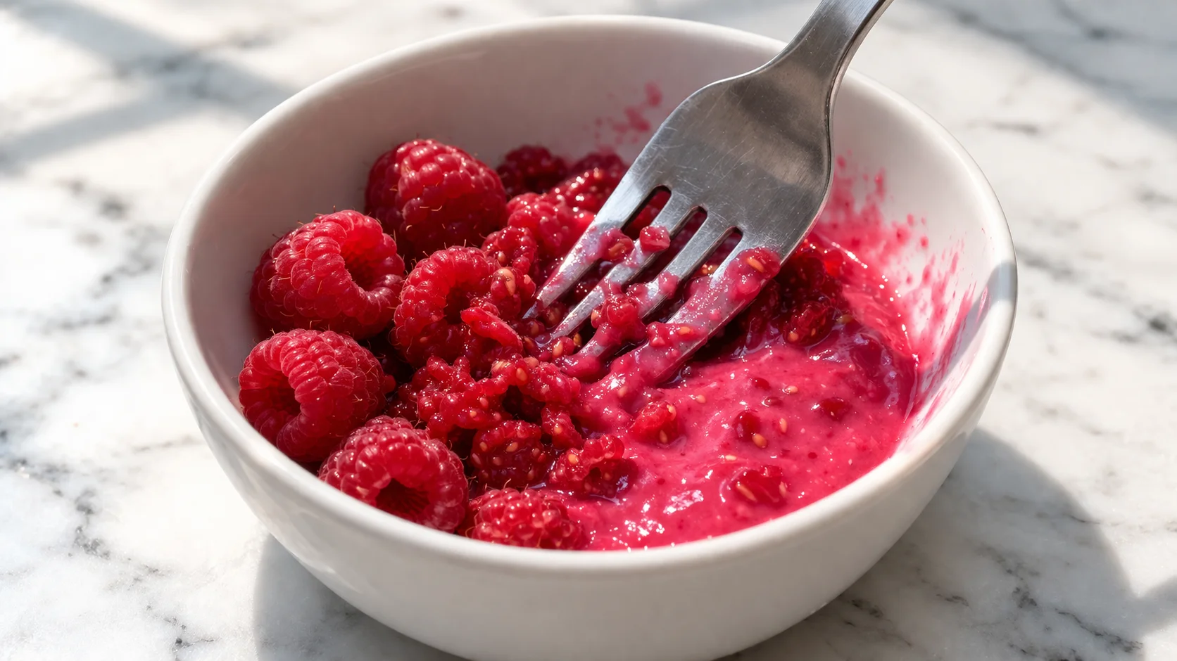 Fourchette écrasant des framboises fraîches dans un petit bol blanc, coulis rose vif en formation avec quelques morceaux de fruits visibles, plan de travail en marbre