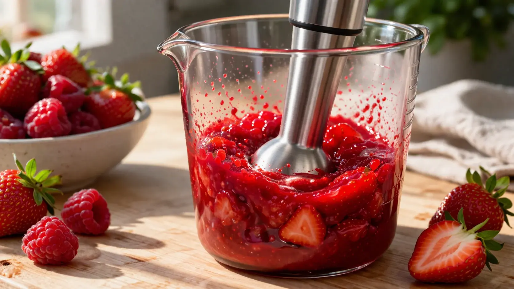 Mixeur plongeant en action dans un verre doseur avec des fruits rouges mélangés, coulis rouge vif et brillant en formation, fraises et framboises fraîches à côté, plan de travail en bois clair