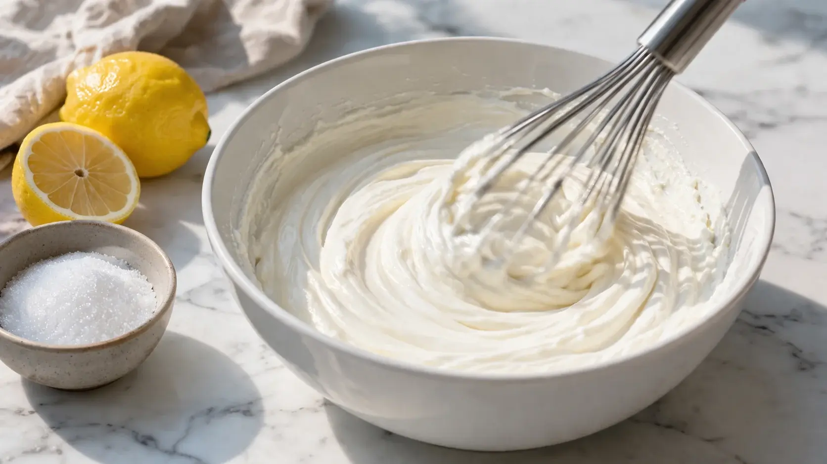 Fouet mélangeant la ricotta et le fromage blanc avec l'érythritol dans un grand saladier blanc, crème blanche lisse et homogène en formation, plan de travail en marbre blanc