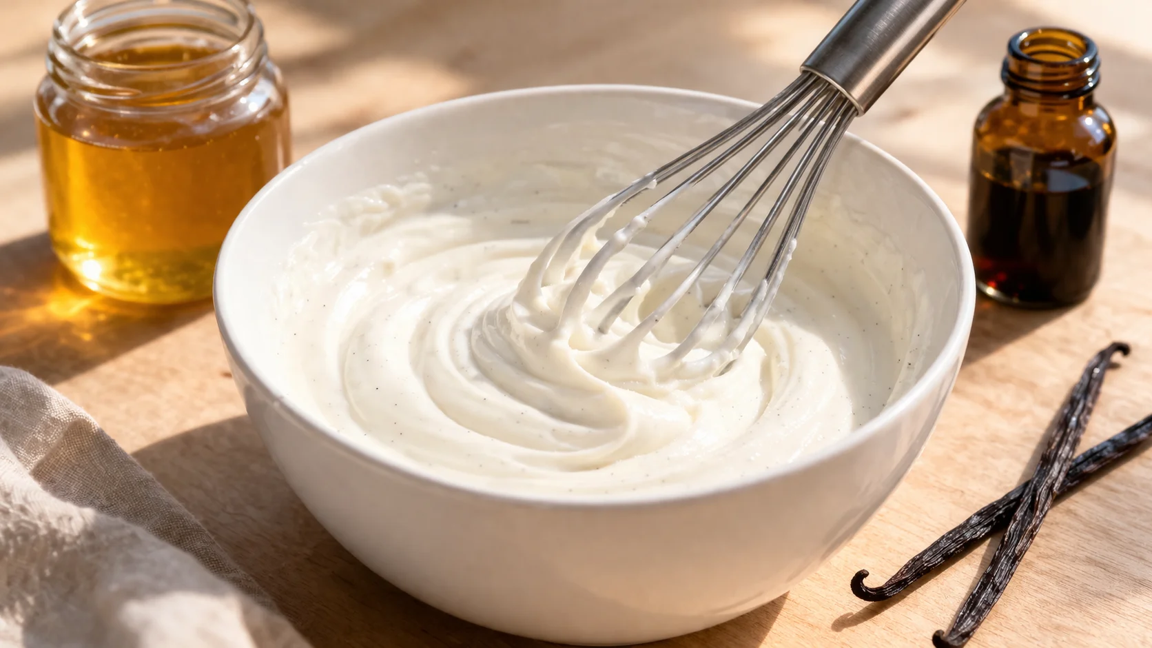 Fouet mélangeant le yaourt grec et le fromage blanc avec la vanille dans un bol blanc, crème blanche et lisse en formation, pot de miel et extrait de vanille à côté, plan de travail en bois clair