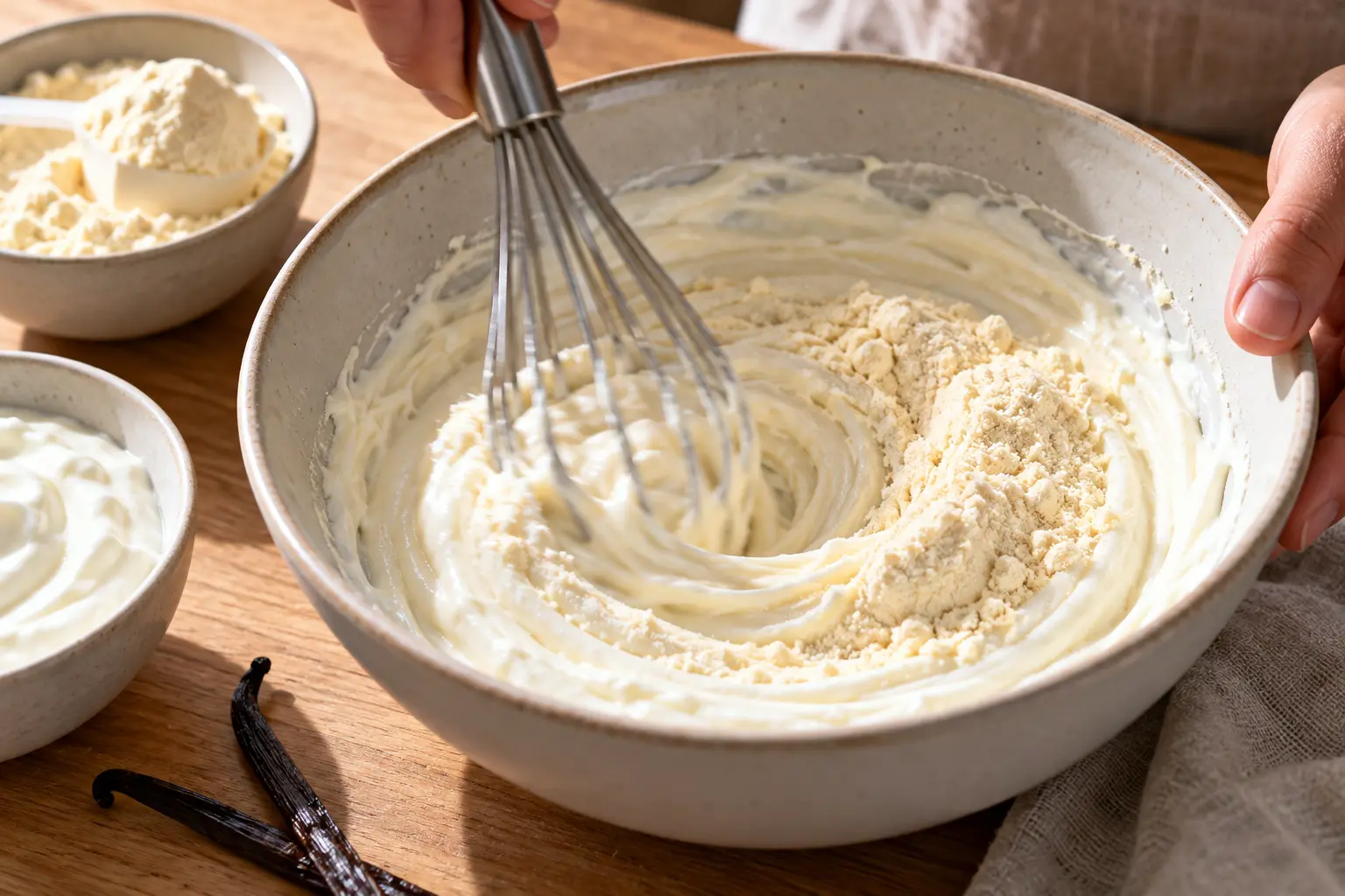 Fouet mélangeant la crème au fromage blanc et whey vanille dans un bol