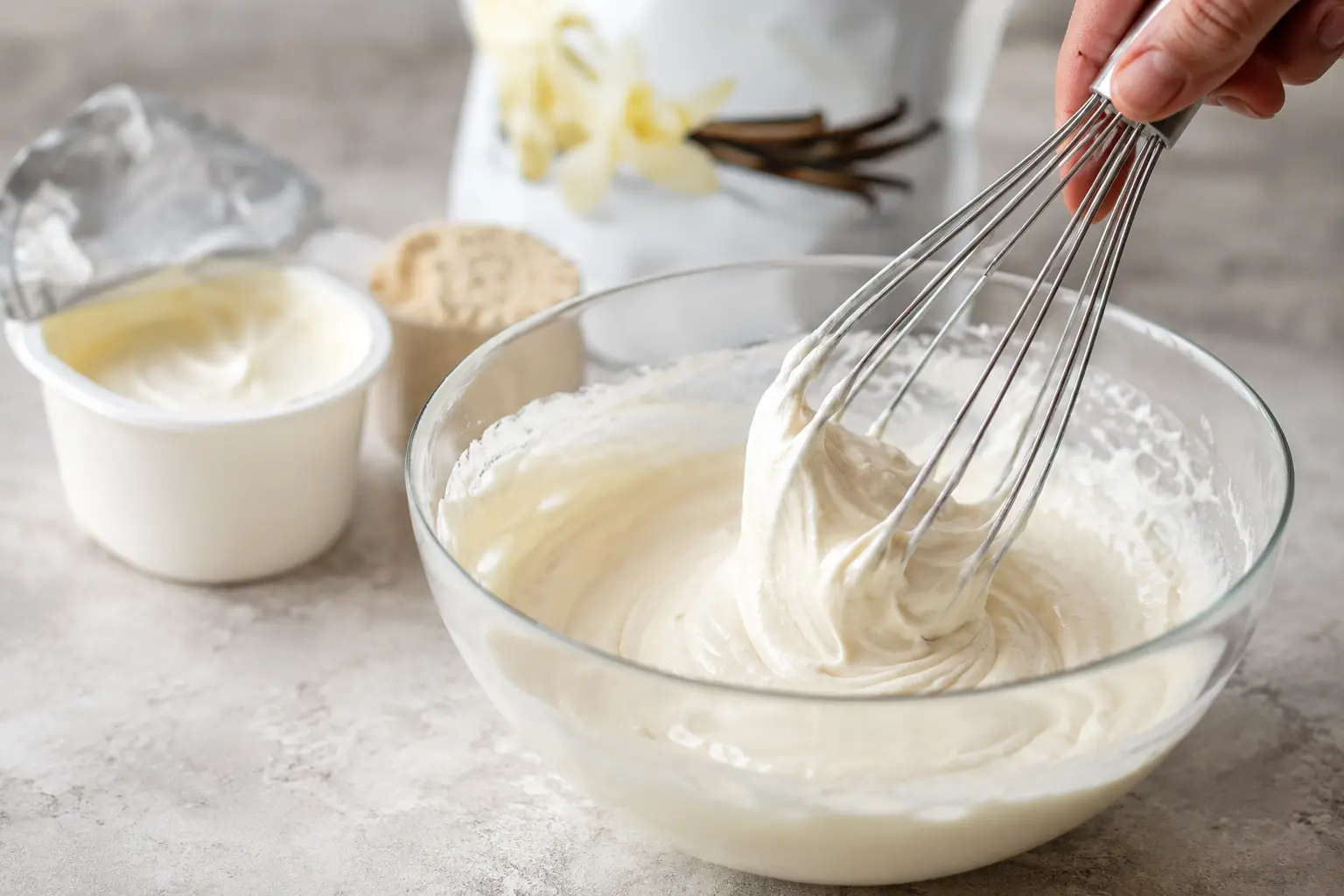 Fouet mélangeant la crème au fromage blanc et whey vanille dans un bol