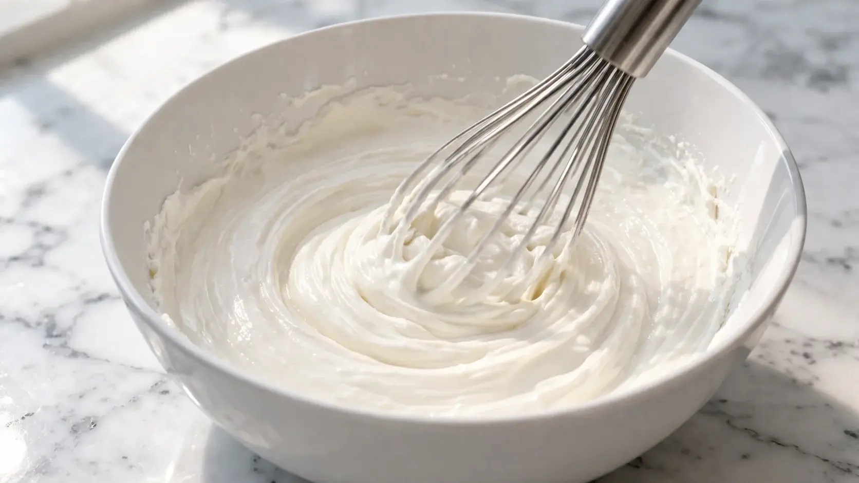 Fouet mélangeant le fromage blanc et la ricotta crémeuse avec l'érythritol dans un grand saladier blanc, crème lisse et homogène blanche en formation, plan de travail en marbre blanc