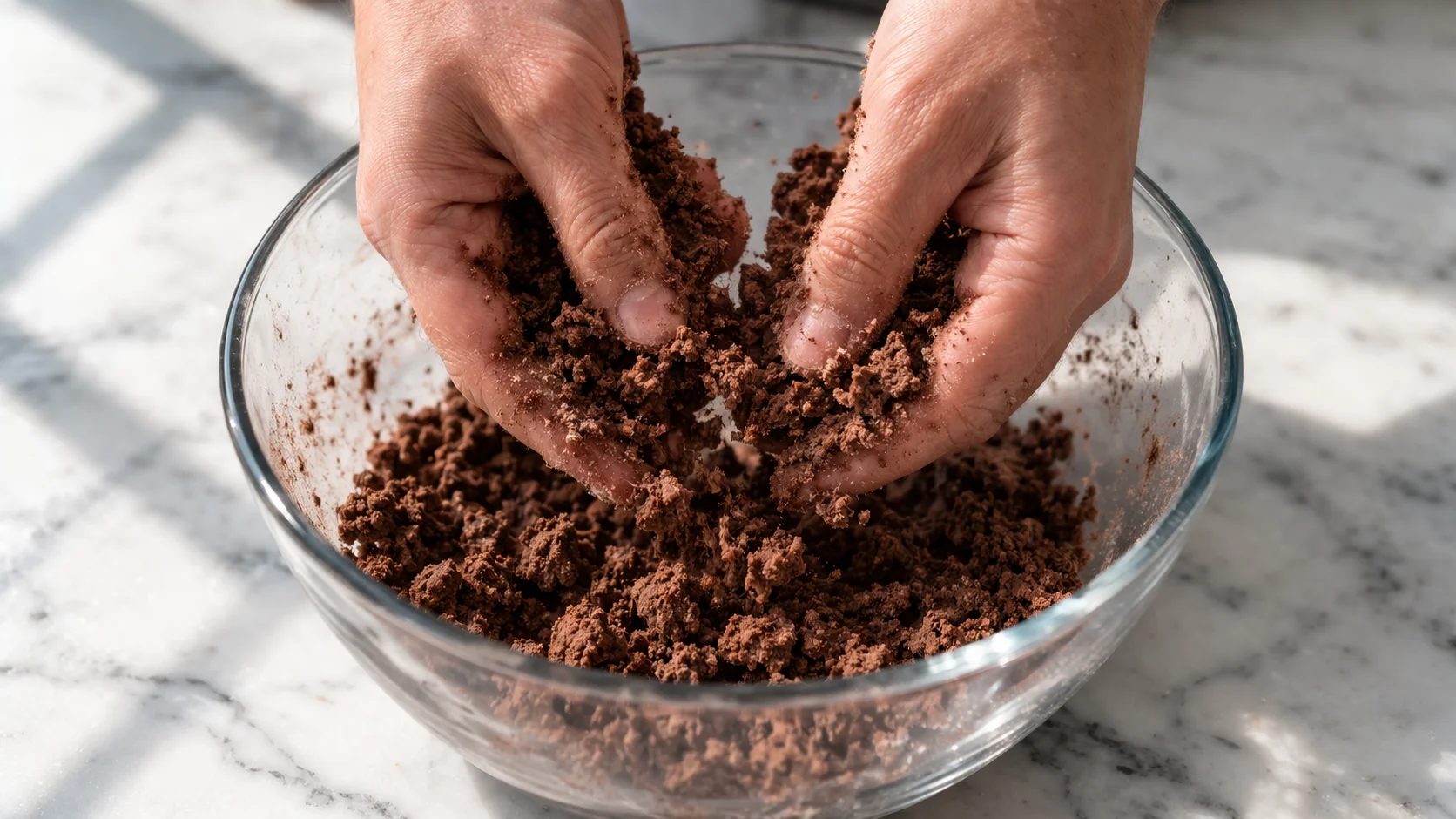 Mains sablant la pâte à crumble au cacao dans un saladier en verre, miettes brunes et croustillantes en cours de formation, plan de travail en marbre