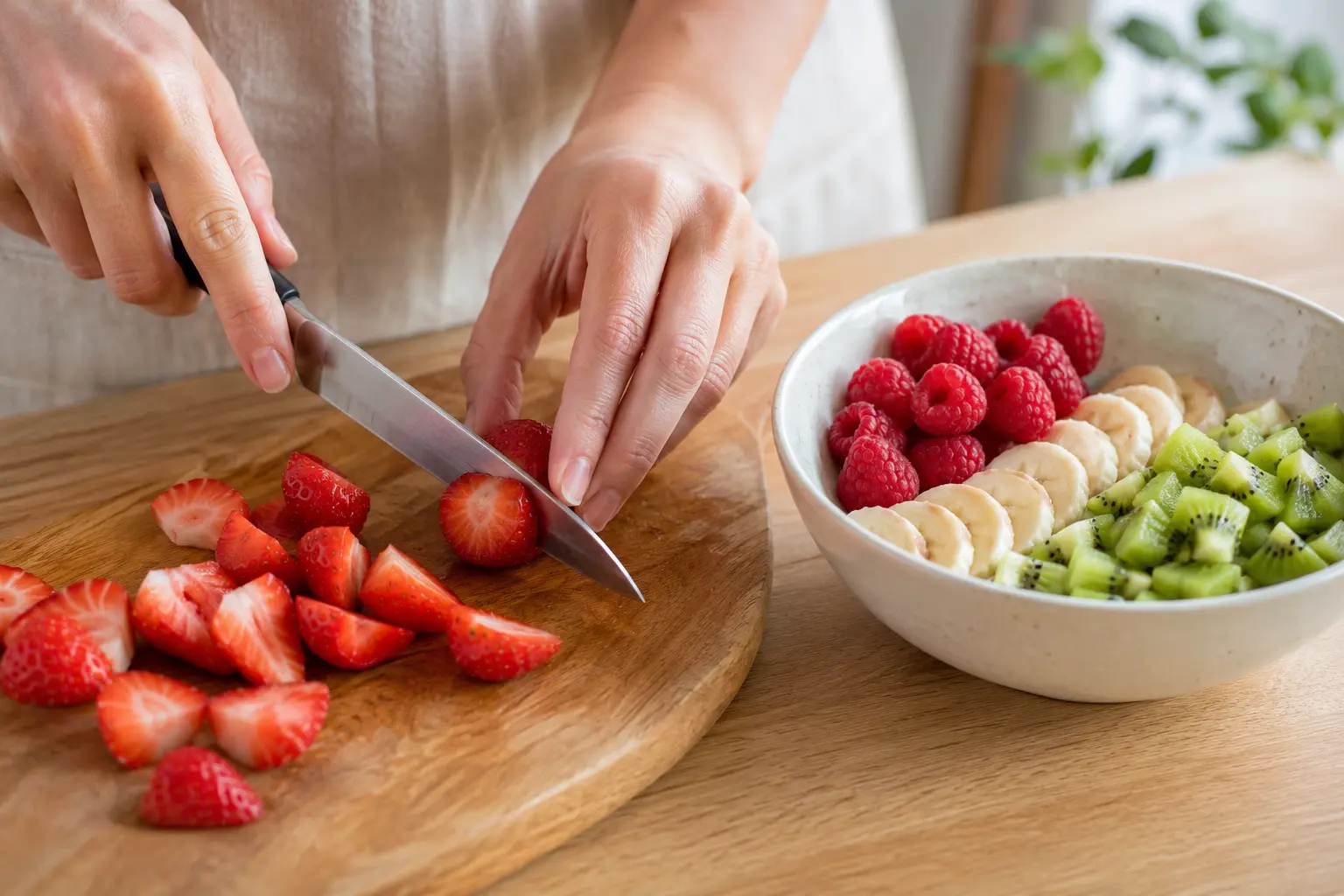 Mains qui découpent des fraises et des kiwis sur une planche en bois