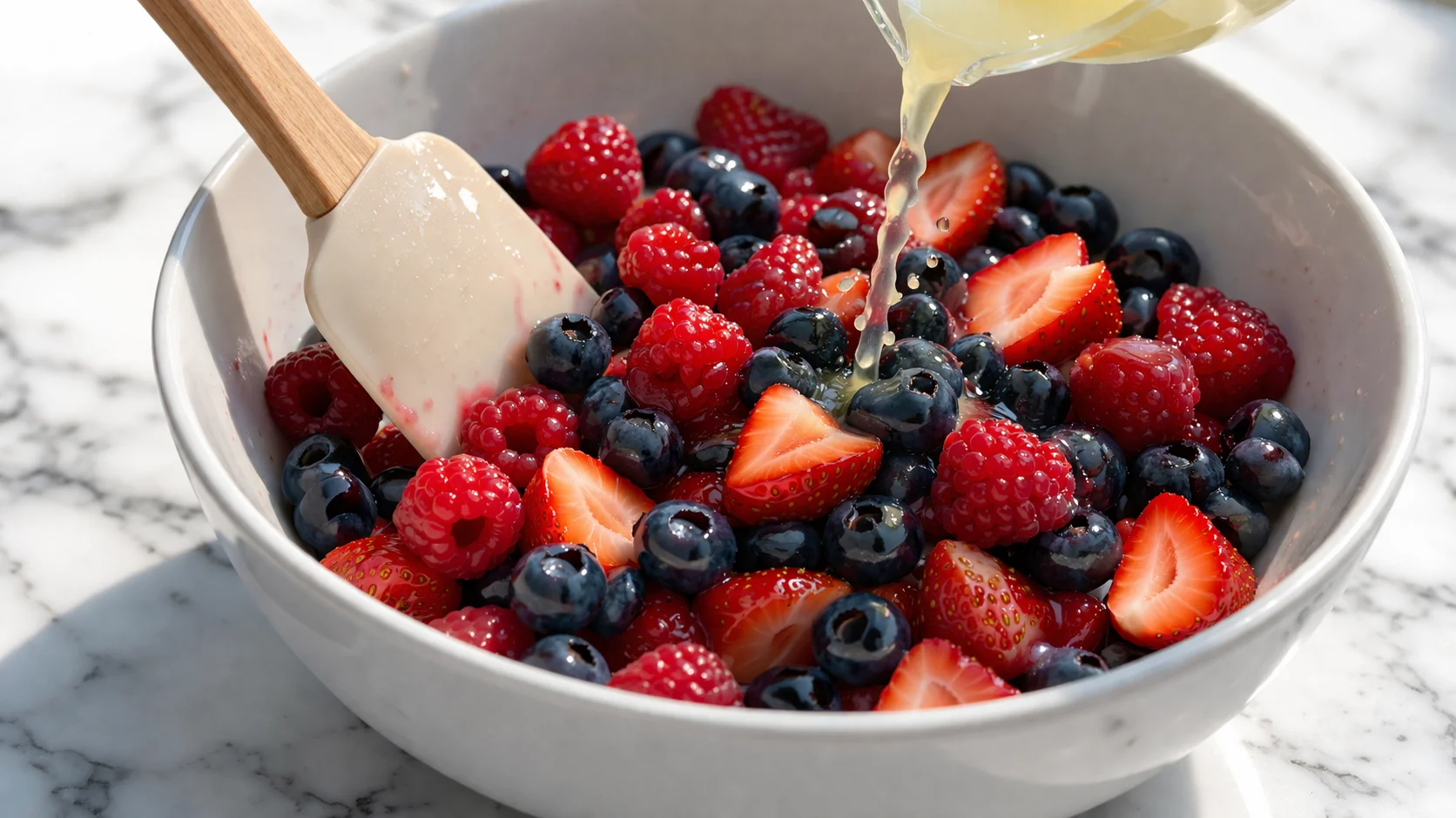 Bol blanc avec framboises rouges, myrtilles bleues et fraises coupées mélangées délicatement, jus de citron en train d'être versé, couleurs vives et brillantes des fruits, plan de travail en marbre blanc