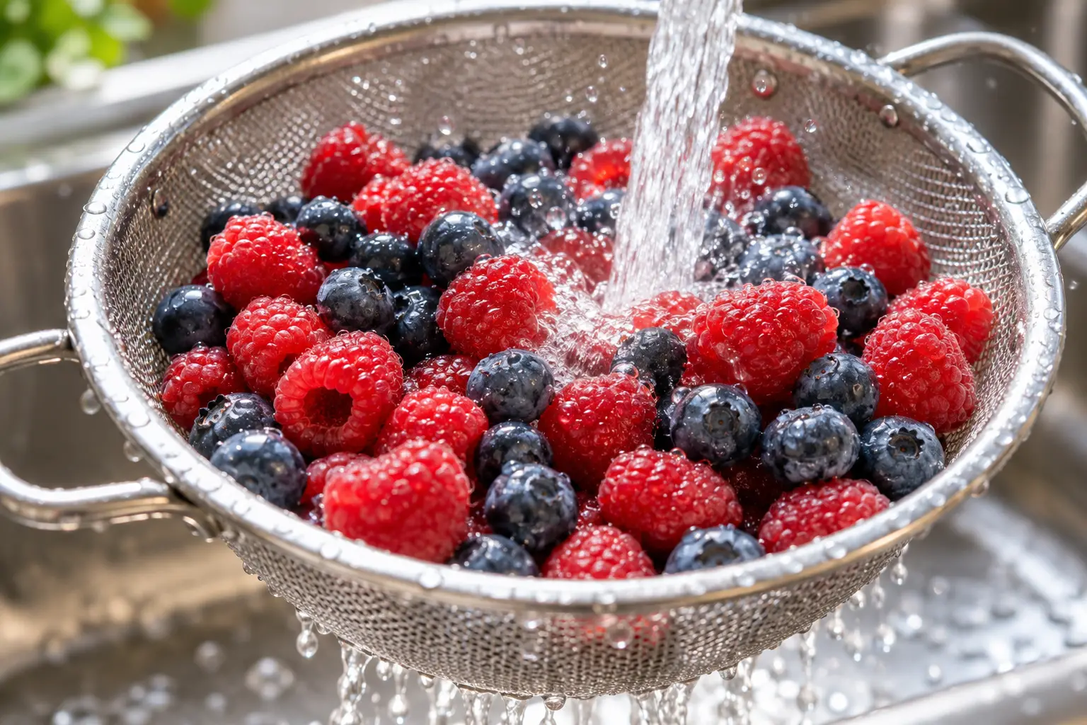 Framboises et myrtilles fraîches rincées dans une passoire