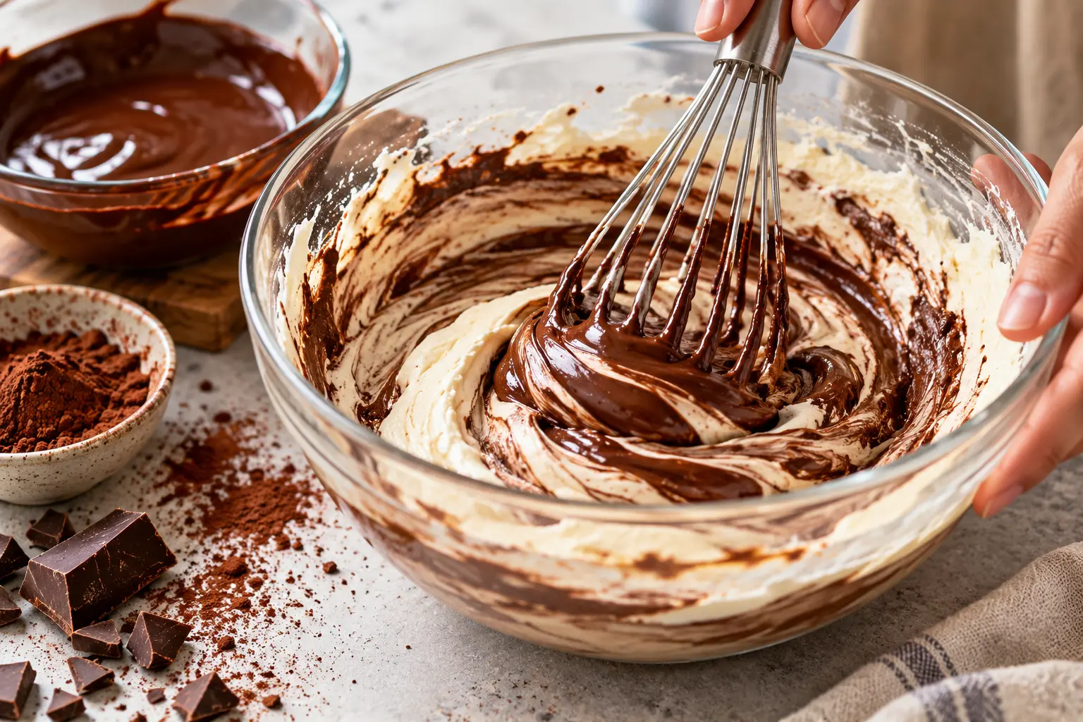 Fouet mélangeant la garniture chocolatée dans un saladier