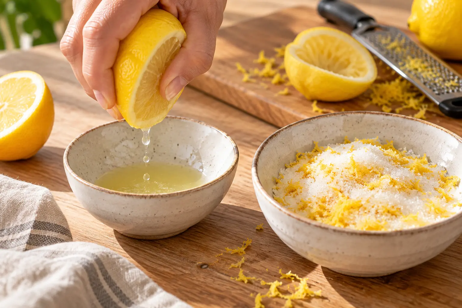 Main pressant un citron au-dessus d'un bol avec du sucre mélangé aux zestes de citron à côté