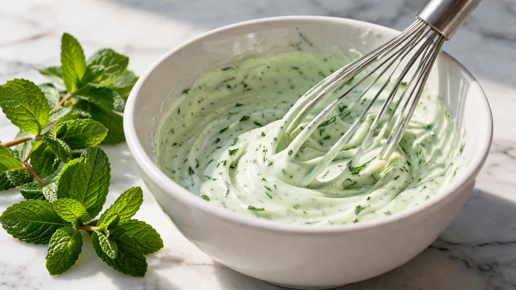 Fouet mélangeant le fromage blanc, le yaourt grec et les feuilles de menthe ciselées dans un bol blanc, glaçage vert pâle crémeux en formation, feuilles de menthe fraîche à côté, plan de travail en marbre blanc