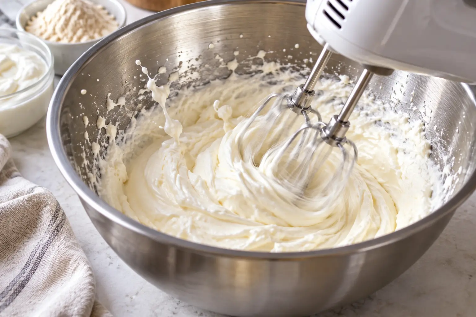 Mélange de fromage blanc et whey fouetté dans un saladier