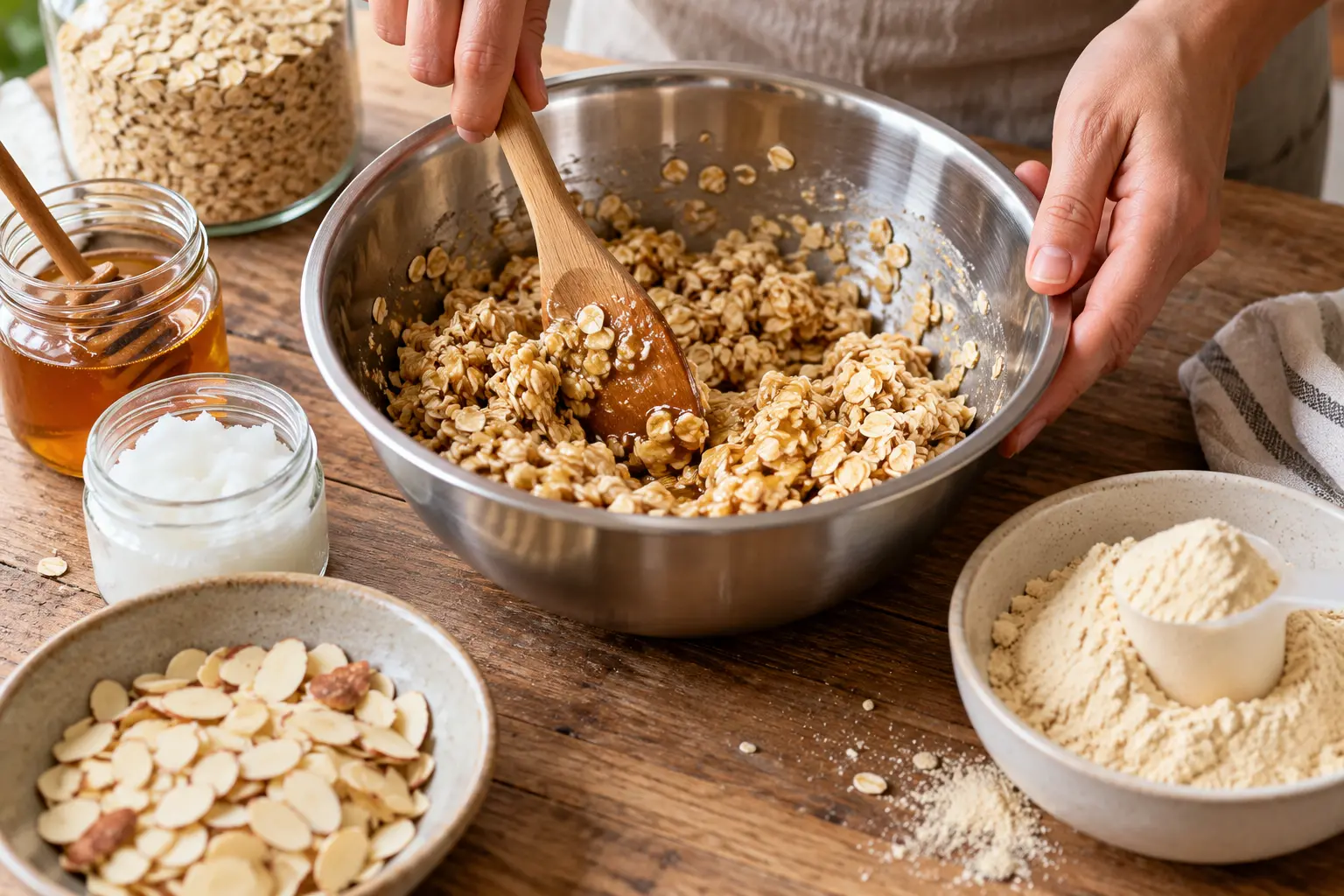 Mélange de flocons d'avoine et whey protéine dans un bol avant cuisson