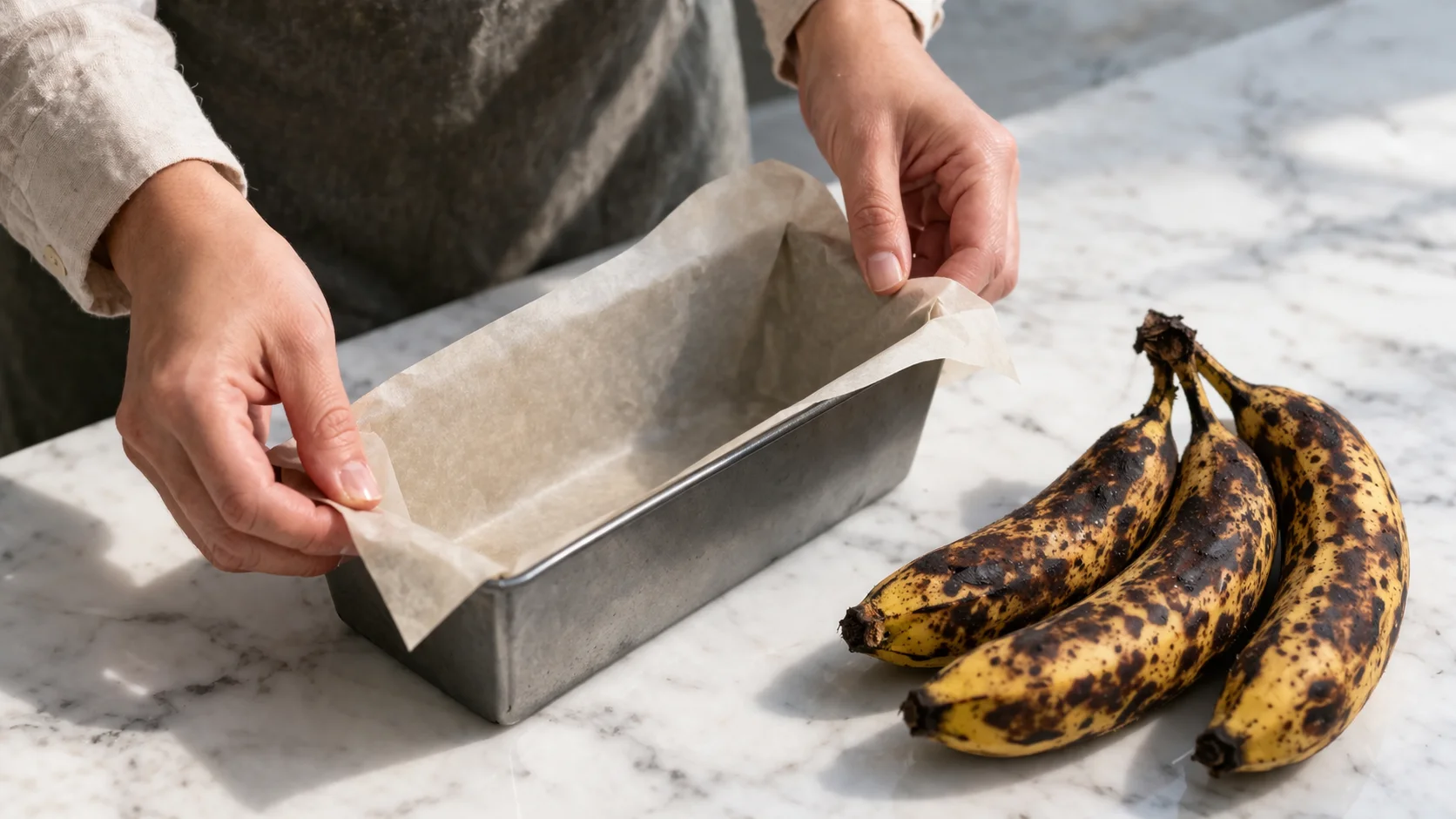 Moule à cake chemisé de papier cuisson sur un plan de travail en marbre blanc, avec trois bananes mûres tachetées posées à côté