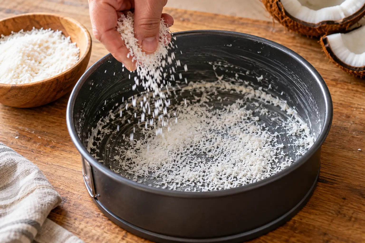 Moule à manqué saupoudré de noix de coco râpée sur un plan de travail