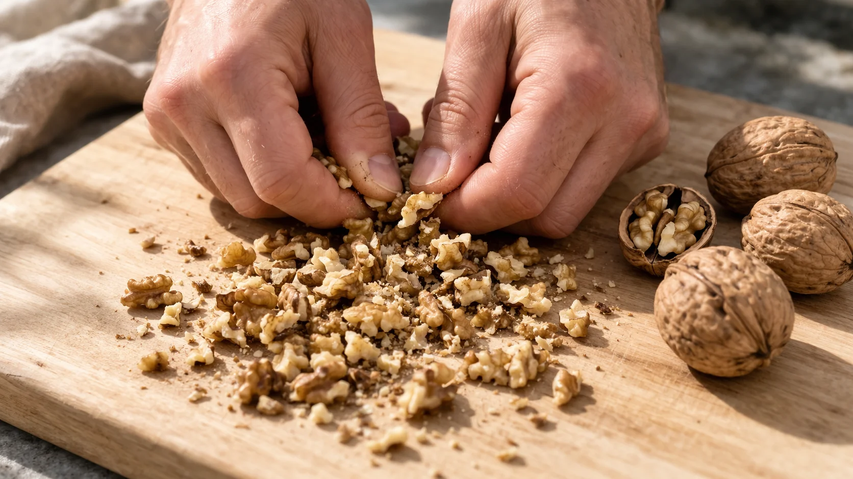 Mains concassant des cerneaux de noix fraîches sur une planche en bois clair, morceaux irréguliers de différentes tailles visibles