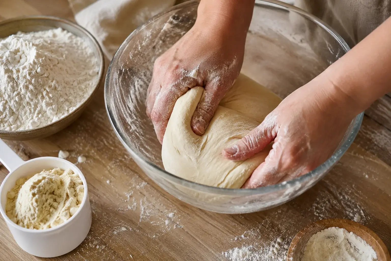 Mains pétrissant une pâte lisse dans un bol en verre avec farine et whey protéine