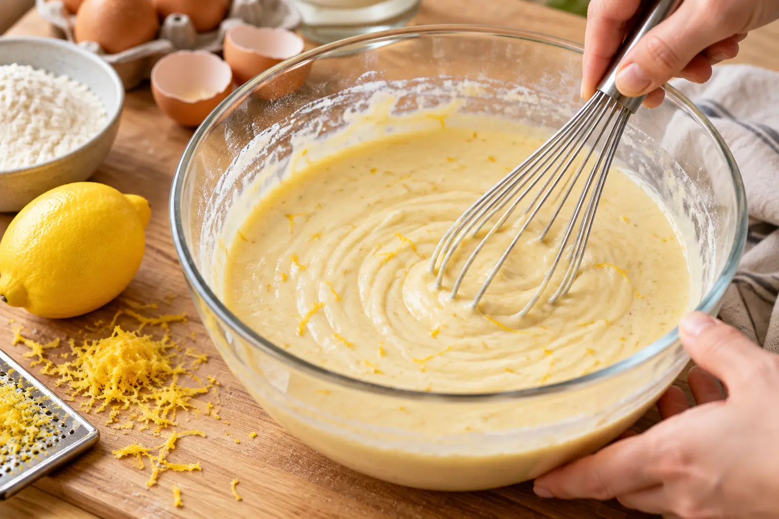 Fouet mélangeant la pâte à crêpes protéinée dans un saladier avec zeste de citron