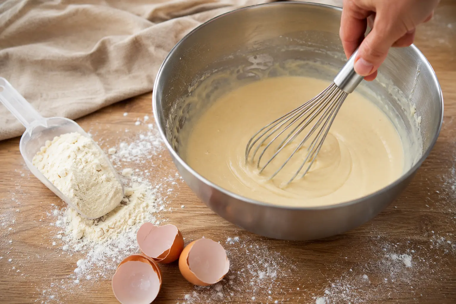 Main qui fouette la pâte à crêpes protéinée dans un saladier