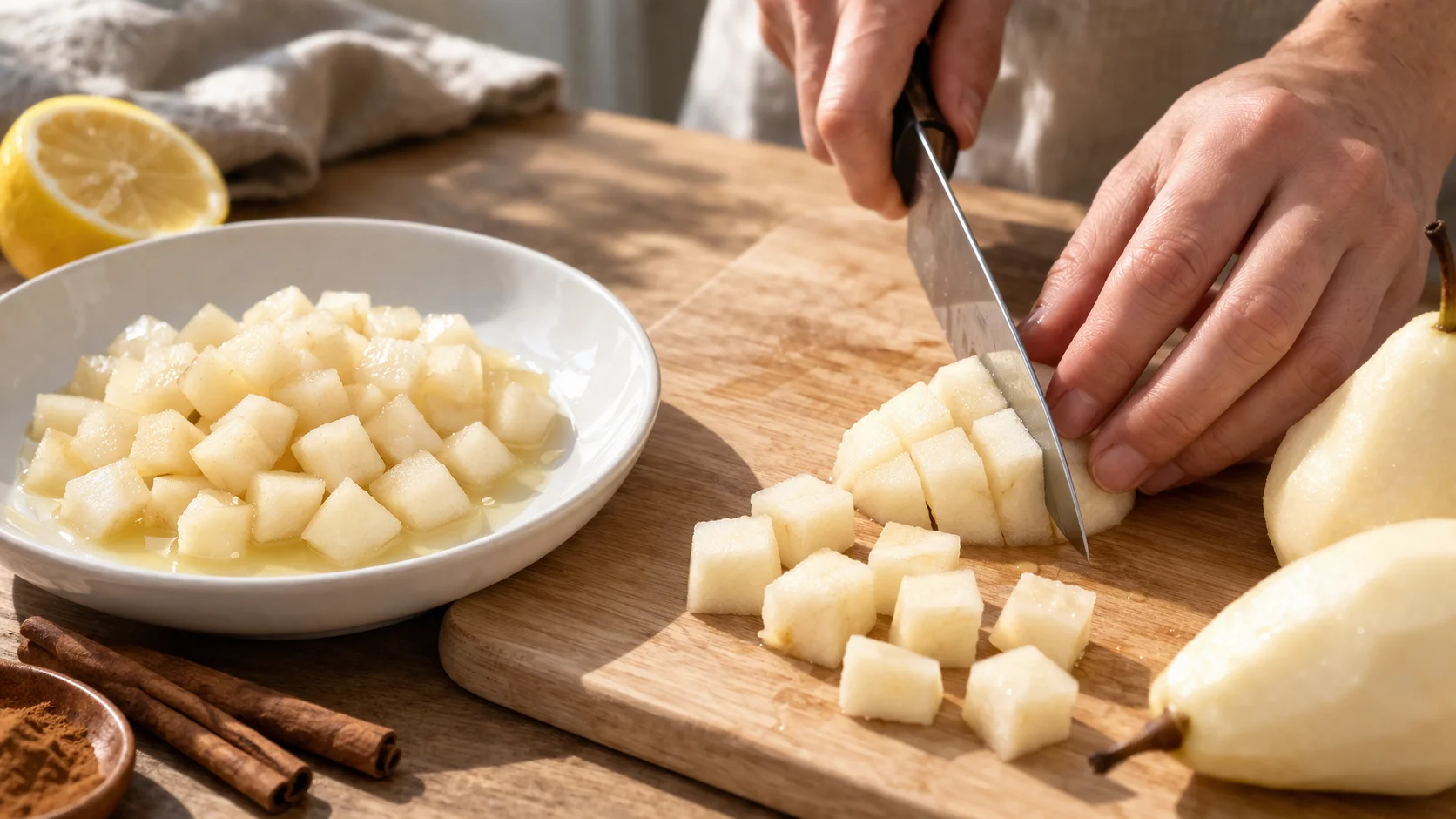 Main coupant des poires pelées en dés réguliers sur une planche en bois clair, plat en céramique blanc avec les premiers morceaux de poires à côté