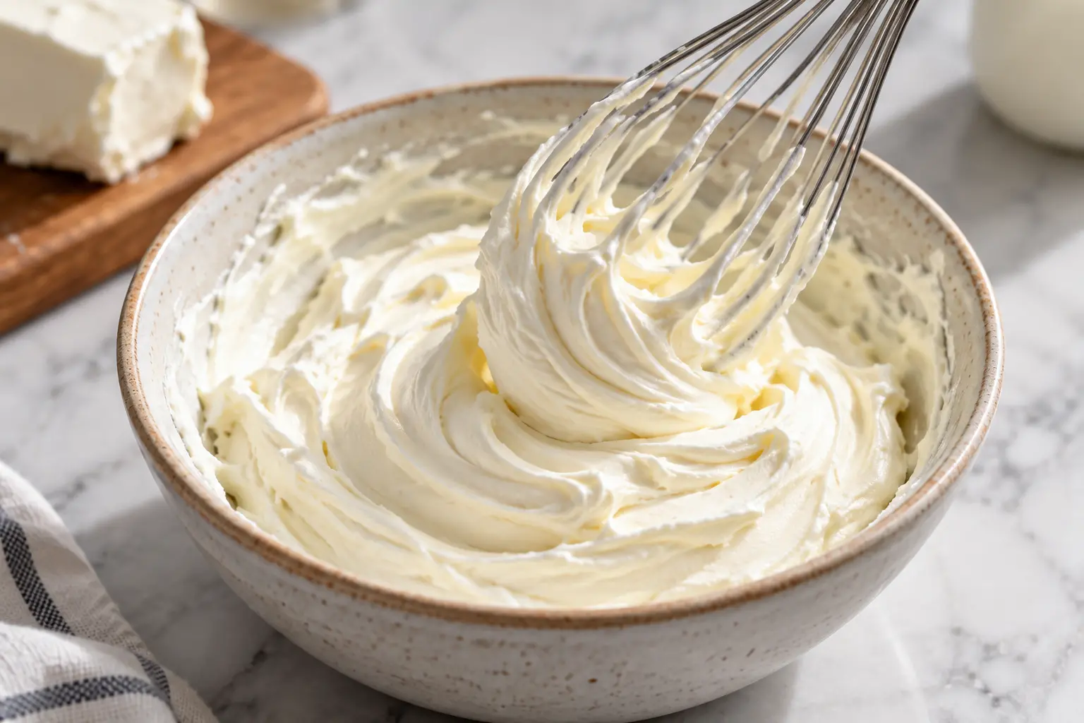 Préparation du topping cream cheese dans un bol avec un fouet