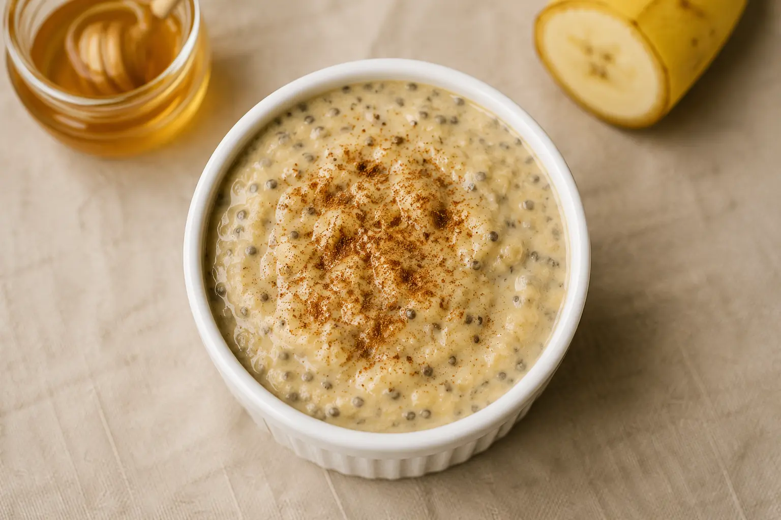 Vue rapprochée du pudding banane protéiné montrant sa texture crémeuse et onctueuse