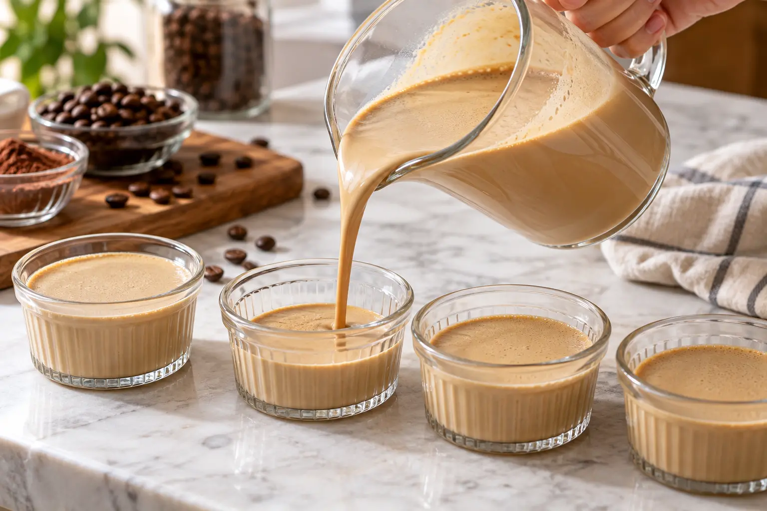Quatre ramequins de crème café recouverts de film alimentaire avant réfrigération