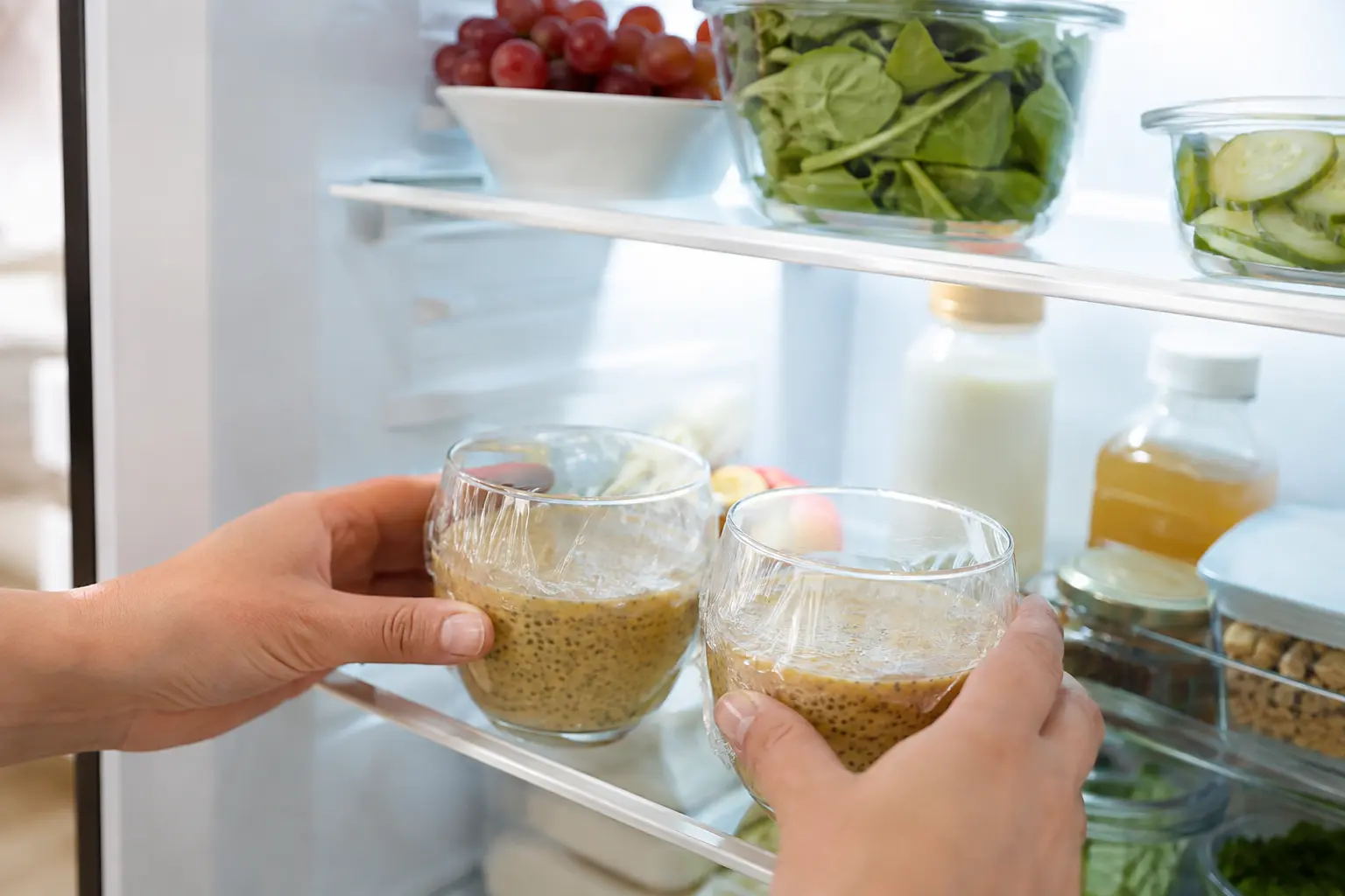 Deux verres de pudding banane protéiné recouverts de film avant d'être placés au réfrigérateur