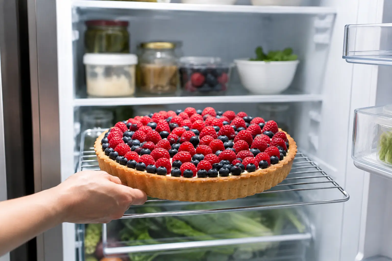 Tarte aux fruits rouges protéinée placée sur une grille dans un réfrigérateur ouvert