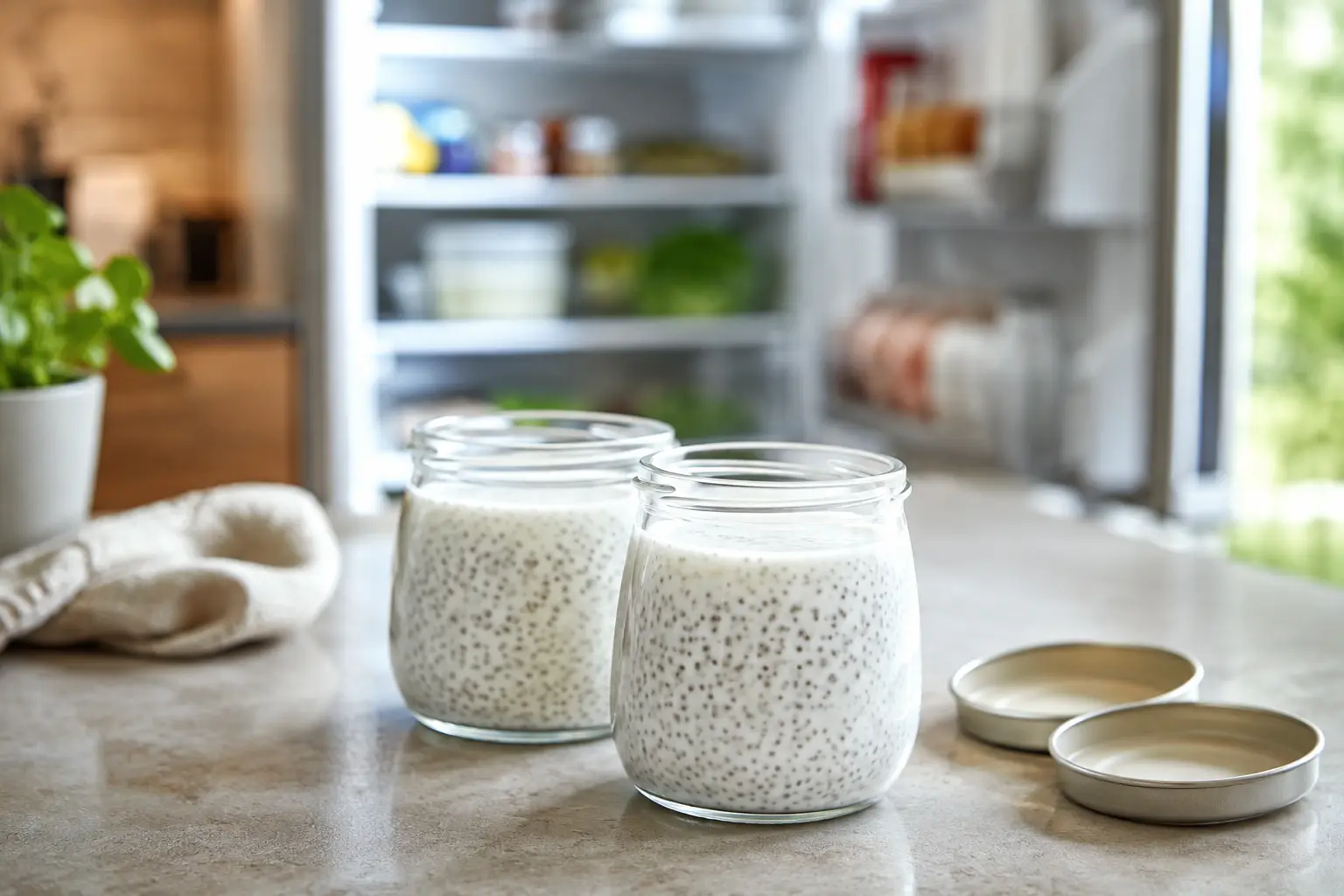 Deux pots en verre de chia pudding coco recouverts, prêts à aller au réfrigérateur