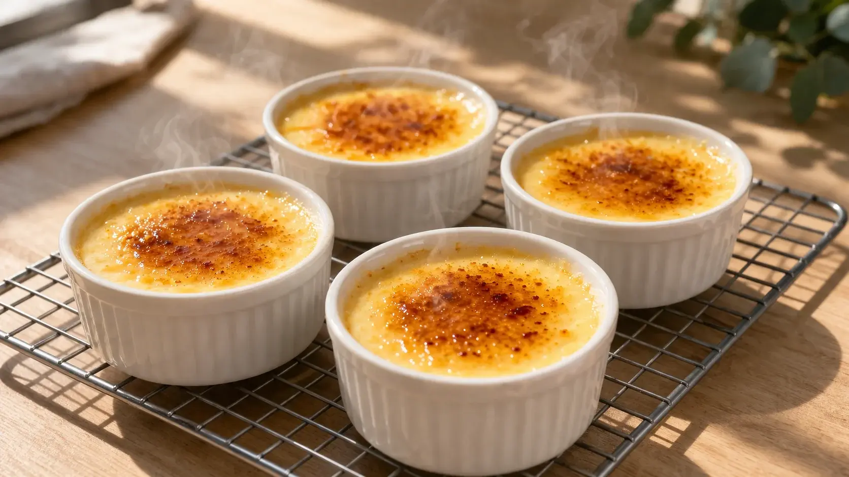 Quatre ramequins de crème brûlée protéinée refroidissant sur une grille, surface lisse et crémeuse visible, film alimentaire posé à côté prêt à les couvrir, fond bois clair