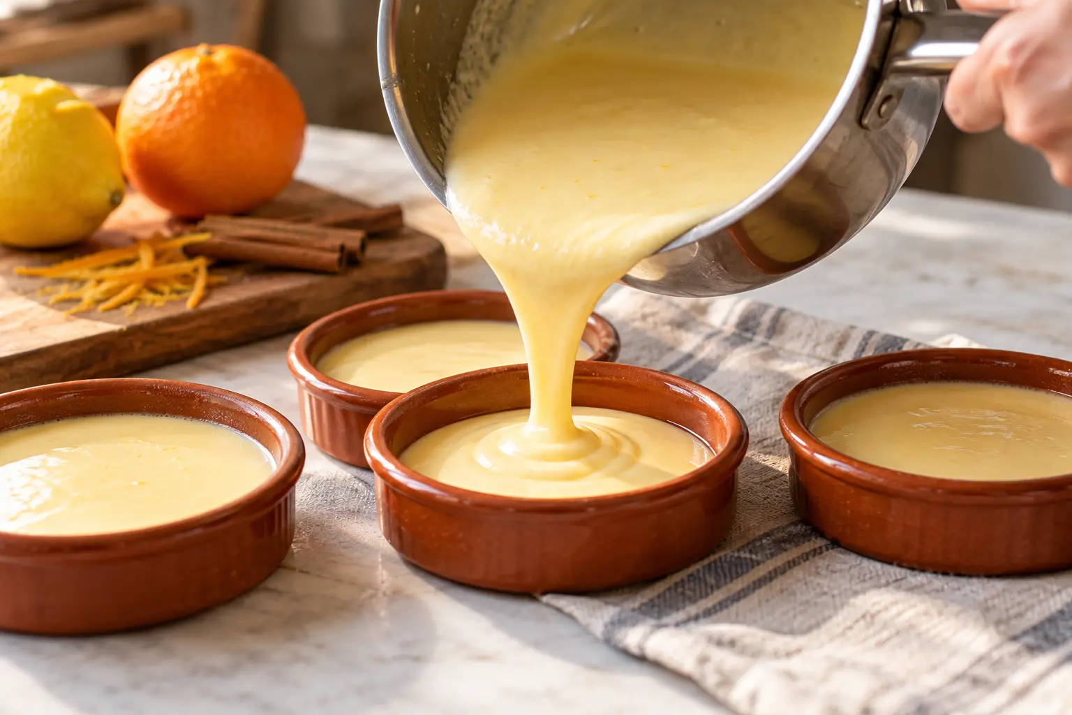 Crème catalane versée dans des ramequins en terre cuite avant réfrigération