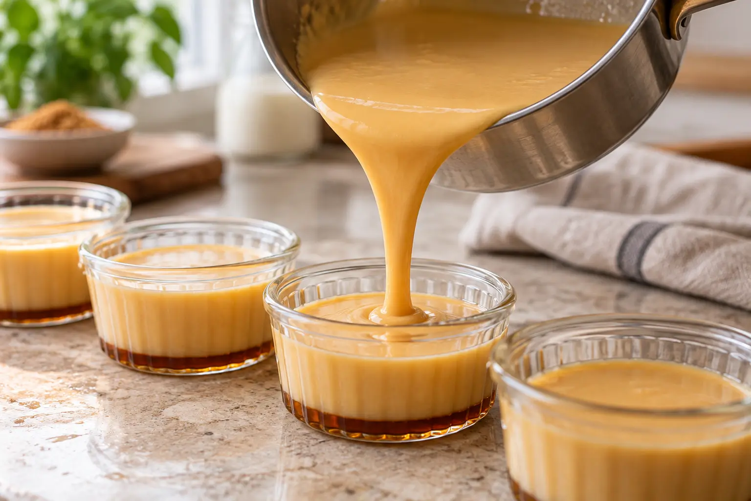 Crème dessert caramel versée dans des ramequins en verre avant réfrigération