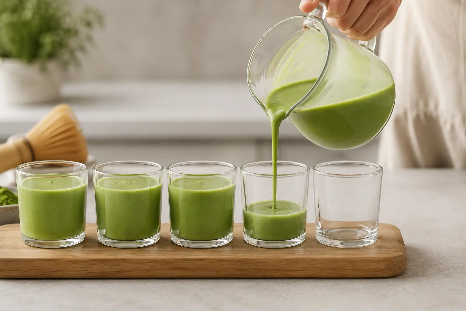 Préparation verte de panna cotta matcha versée dans des verrines en verre